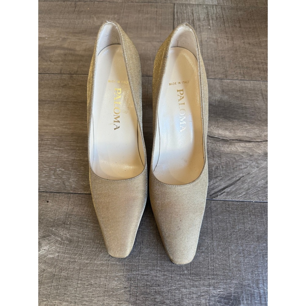 Paloma Italian Gold Fabric Pointed Toe Heels Pumps Size 4B Party Y2K Classic‎